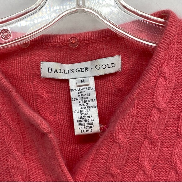 Ballinger Gold Button Up Cable Knit Cardigan M Coral Lambswool Angora Nylon FLAW - Picture 6 of 13
